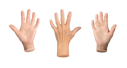 An elderly hand with palm spread, fingers raised in a stop gesture, showing wrinkles, veins, and texture. A comparison of age, displaying a symbol of communication. Senior and aged hands with