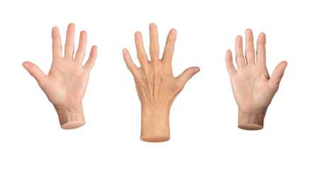 An elderly hand with palm spread, fingers raised in a stop gesture, showing wrinkles, veins, and texture. A comparison of age, displaying a symbol of communication. Senior and aged hands with