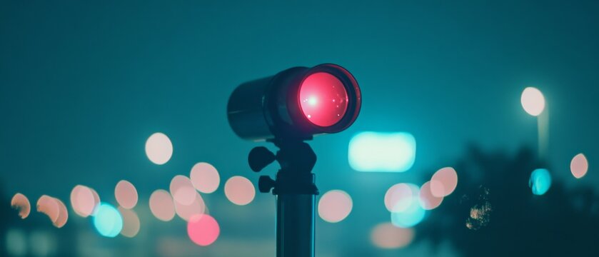 A telescope stands poised against a backdrop of bokeh city lights in the evening, evoking a sense of exploration and mystery.
