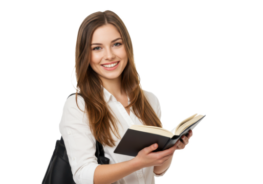 A smiling young female student with holding an open book while carrying a black shoulder bag isolated on transparent background - Powered by Adobe