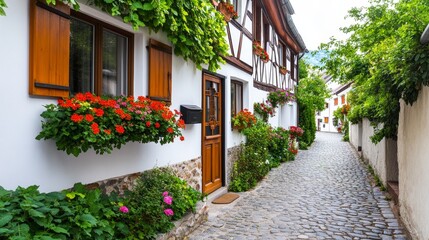 Naklejka premium Charming cobblestone alleyway lined with flower-adorned houses in a picturesque village