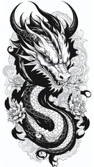 Fototapeta premium Dragon symbol tattoo, black and white vector illustration, isolated on white background