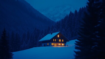 Fototapeta premium Cozy cabin illuminated at dusk amidst snowy mountains and pine trees under a twilight sky