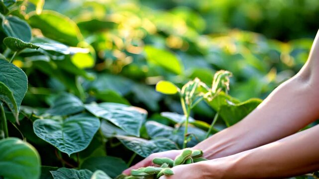 Hands filled with fresh soybeans against a lush soybean plantation field in the background