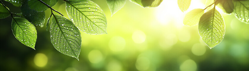 Obraz premium close-up of a green leaf with water droplets on a blurred background,