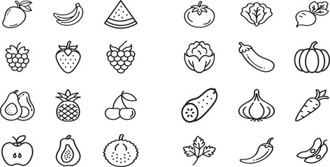 24 fruits and vegetable icon set. Fruit icon. Vegetable icon. Fruits icon set.