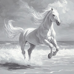 A horse runs along the beach, its mane flowing in the wind, waves crashing nearby under a cloudy sky.