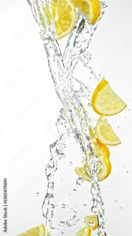 Aufkleber super slow motion of flying lemon slices in water splashes, white background. filmed on high speed c