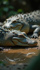 Fototapeta premium Two majestic crocodiles basking near tranquil waters, showcasing their intricate textures and vibrant colors in a natural habitat.