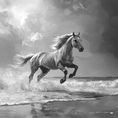 A horse runs along the beach, its mane flowing in the wind, waves crashing nearby under a cloudy sky.