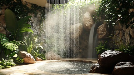 Exotic outdoor shower surrounded by dense tropical greenery high resolution picture