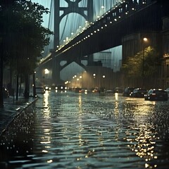 Fototapeta premium Rainy Urban Landscape with Illuminated Bridge in the Night