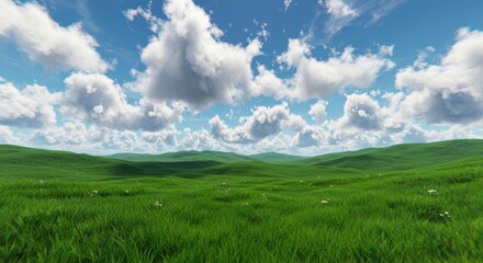 Fototapeta premium Vast savanna with sparse trees and gentle undulations under cloud speckled cerulean firmament with fluffy white patches in sky