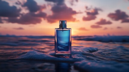 Perfume bottle on beach waves at sunset
