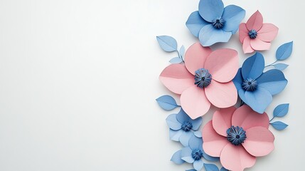 3D paper-cut style pink and blue flowers on a white background with copy space for tex