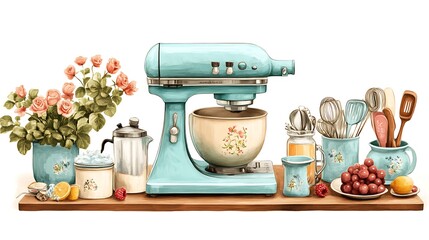 Floral stand mixer featuring retro design and vintage bowl high resolution picture