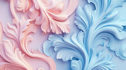 3D pastel pink and blue detailed acanthus leaf swirls