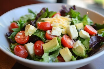Delicious Fresh Avocado Tomato Salad Healthy Green Leafy Mix Cheese Dietary Food Restaurant Meal Dinner Lunch Spring Summer Recipe Simple side dish   