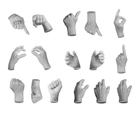 An elderly woman s hand in various gestures: pointing, OK, thumbs up, fist, and reaching out. Aged, wrinkled skin with visible texture, conveying different body language signals. Set of poses in