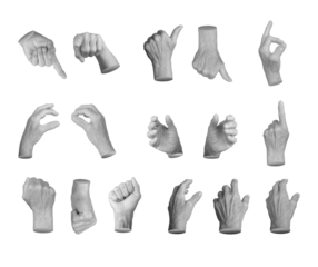 An elderly woman s hand in various gestures: pointing, OK, thumbs up, fist, and reaching out. Aged, wrinkled skin with visible texture, conveying different body language signals. Set of poses in