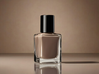 brown nail polish with black lid, glass bottle in neutral studio background