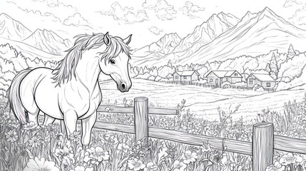Obraz premium Horse by a Fence in a Mountain Valley Scene. Coloring Book Image