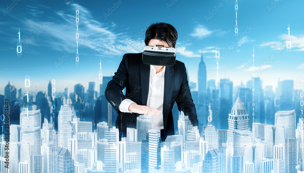 Poster man with vr glass inspecting city simulated and standing at modern city with blurring background. ma