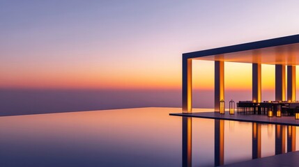 Serene sunset view from a modern outdoor dining area with reflective water and ambient lighting