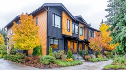 Modern townhouse with vibrant autumn foliage in a tranquil neighborhood setting