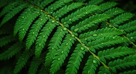 Close-up Fern Leaf with Water Droplets Displaying Natural Freshness and Tranquility