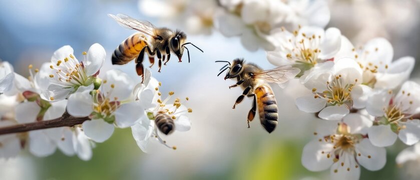 Bees hover delicately over blooming white flowers in a sunlit garden, capturing a moment of harmony in nature. - Powered by Adobe