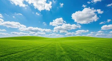 Fototapeta premium Lush pastures extending toward boundless azure dome speckled with cottonlike fluffs and gentle elevations on horizon