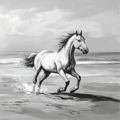 A horse runs along the beach, its mane flowing in the wind, waves crashing nearby under a cloudy sky.