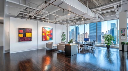 Modern Office Space with City View, Art Collection, and Work Area