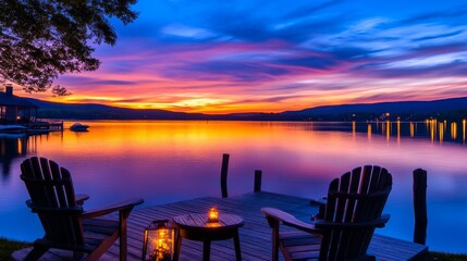 Serene lakeside sunset with chairs and lantern, reflecting vibrant color over calm water