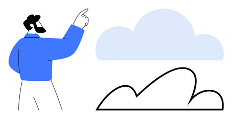 Bearded man pointing to a stylized cloud representing connectivity, cloud computing, and digital future. Ideal for technology, innovation, IT systems, cloud storage, remote access, communication