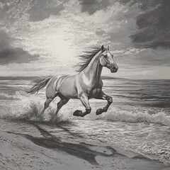 A horse runs along the beach, its mane flowing in the wind, waves crashing nearby under a cloudy sky.