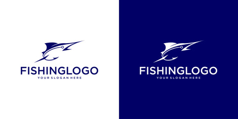 Minimalist Marlin and Hook Design with Blue Color on White Background for Business Branding Use