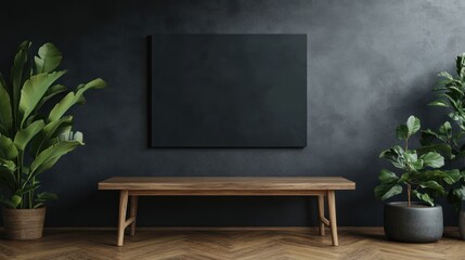 Dark interior with blank canvas and wooden bench