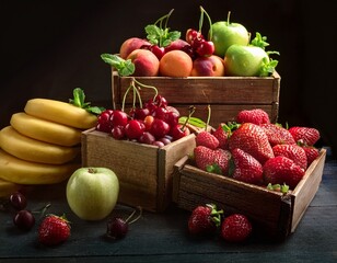 Fotograf&iacute;a profesional, de varias cajas de madera vintage con melocotones, manzasas verdes, fresas, frambuesas, cerezas, platanos, perfectamente alineados, cada caja con un tipo de fruta, realista, 4k