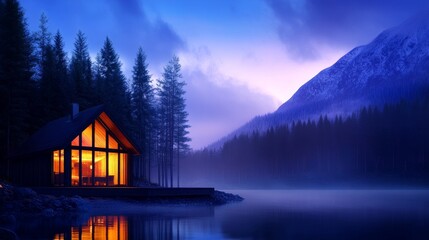 Fototapeta premium Serene lakeside cabin at twilight with glowing windows, surrounded by misty mountains and pine trees
