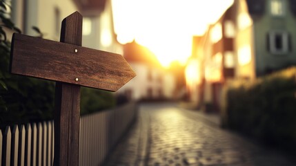 Wooden signpost directing towards a sunlit street lined with charming houses and greenery