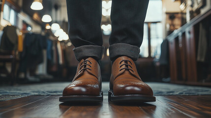 Naklejka premium Formal style: Elegant leather shoes paired with rolled-up jeans offer a modern twist on classic attire. Stylish footwear choice.