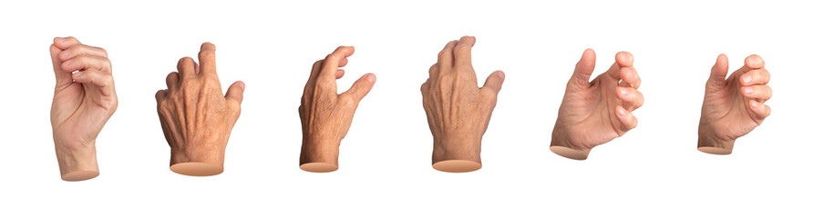 An elderly woman with outstretched fingers, grasping and holding an invisible object. Knuckles visible, with wrinkles and texture on the skin. A mature, aged hand in a reaching, extended pose.