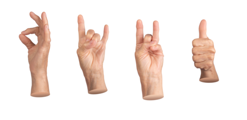 An elderly woman showing a hand gesture. Fingers in OK sign, with thumb up, and other hand making a horn or devil gesture. Aged, wrinkled, mature body part in different poses. Isolated on white