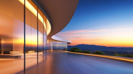 Modern architectural design of a sleek balcony overlooking a vibrant sunset landscape
