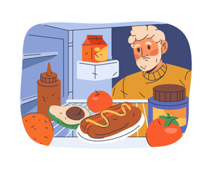 People take or choosing food from fridge. Vector sign of grocery selection from kitchen refrigerator. Hot dog snack and fruit supply for cooking. Home or domestic cook. Culinary and diet, nutrition.