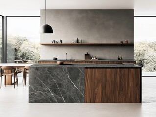 A modern kitchen interior featuring island and natural lighting