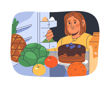 Vector illustration of choosing food from fridge. Woman take nutrition from refrigerator. Snack and dessert meal selection. Dinner and lunch, breakfast supply. People and culinary, nourishment, eating