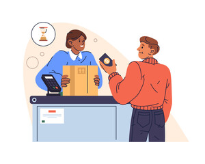 Customer paying for parcel using smartphone and terminal. Vector delivery office with POS or contactless transaction device. Package order and billing. Fintech and delivery service. Retail and NFC.